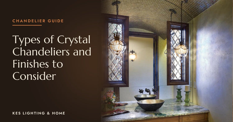 Pair of pendants with clear drops above a vanity with arched windows