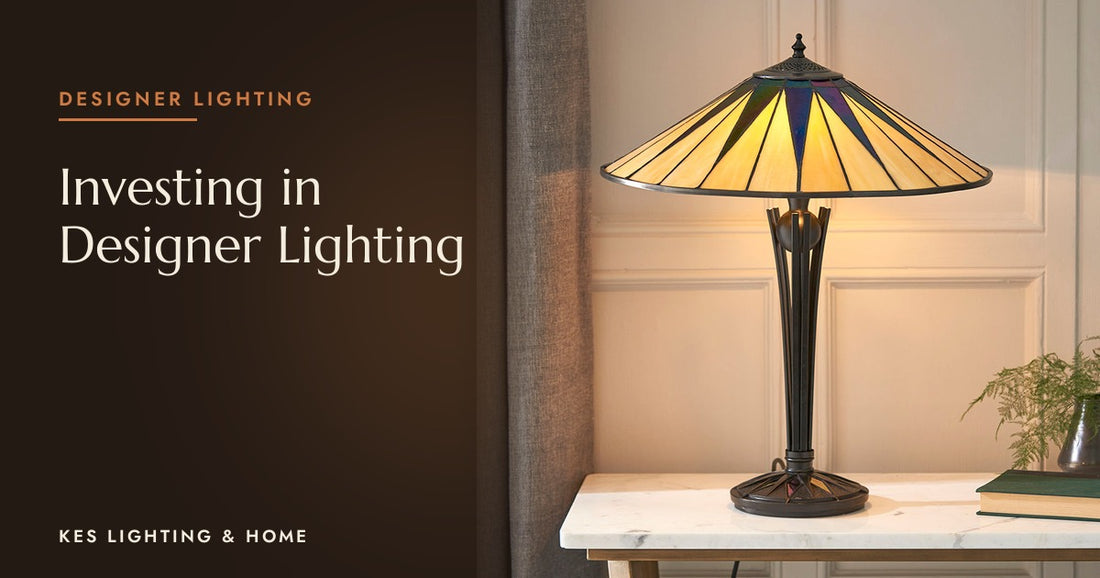 Tiffany-style table lamp with a geometric shade on a veined tabletop