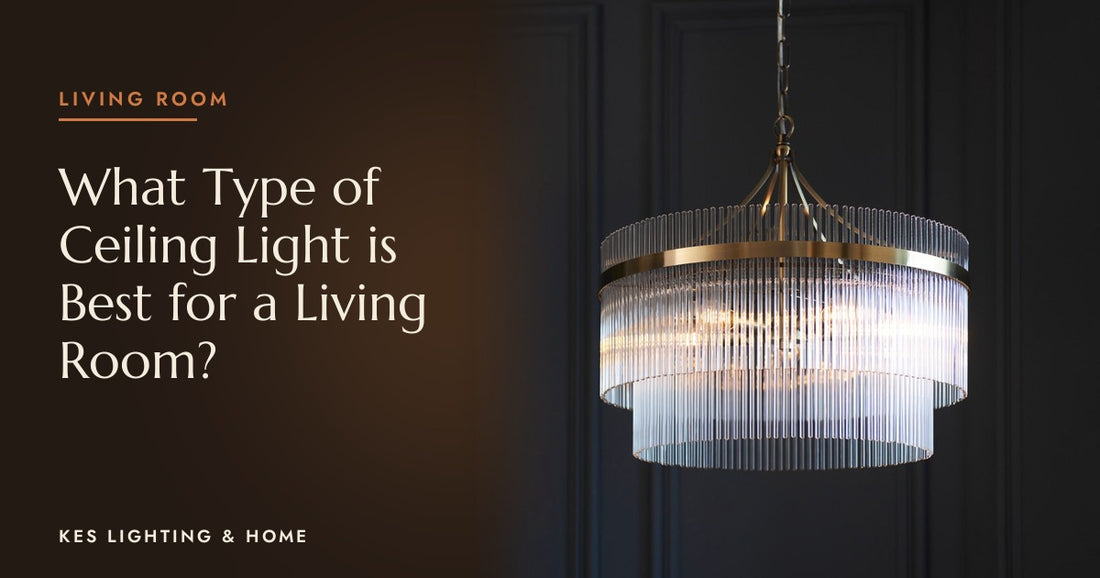 Two-tier clear rod chandelier with a gold-tone band against dark panelling