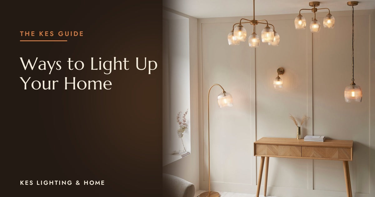 Hallway with ribbed pendants, a wall light and a floor lamp above a console table