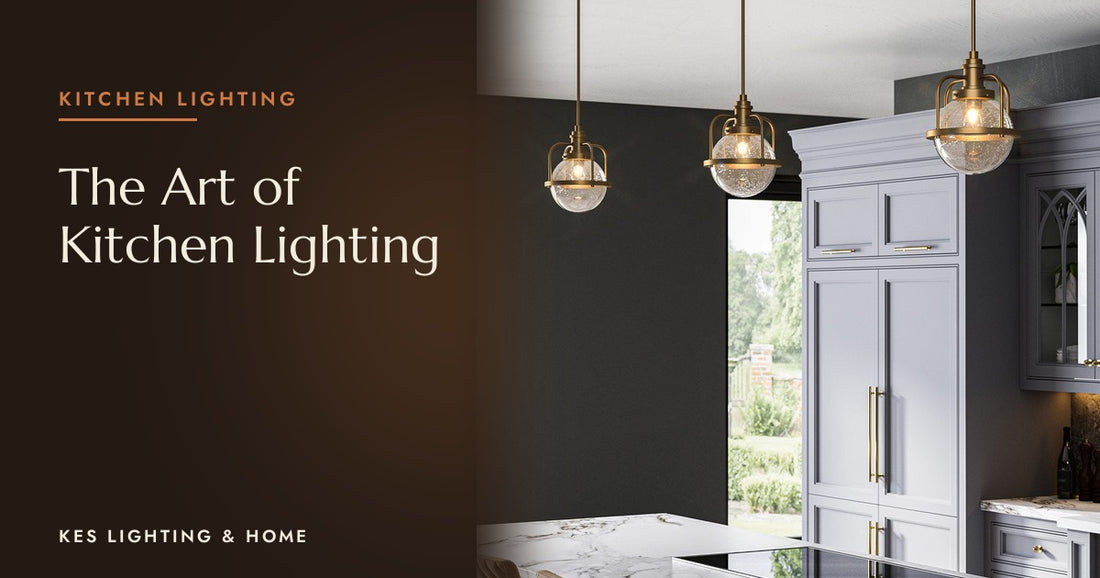 Three gold-tone pendants with clear globes in a dark kitchen