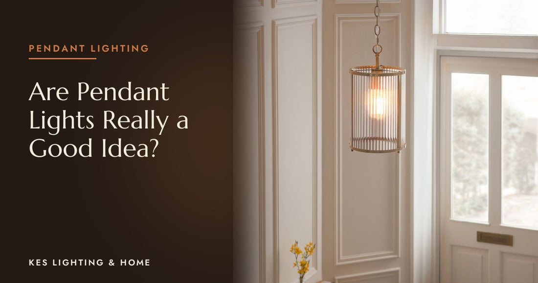 Ribbed cylinder lantern pendant lit in a hallway beside a front door