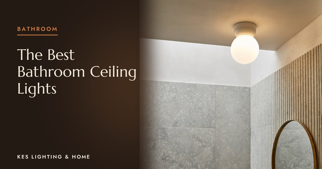 White globe ceiling light above a curved mirror in a bathroom
