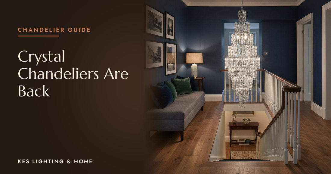 Tall tiered chandelier with clear drops above a landing