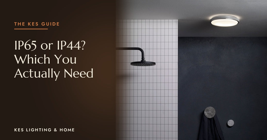 Round flush ceiling light above a shower with dark walls