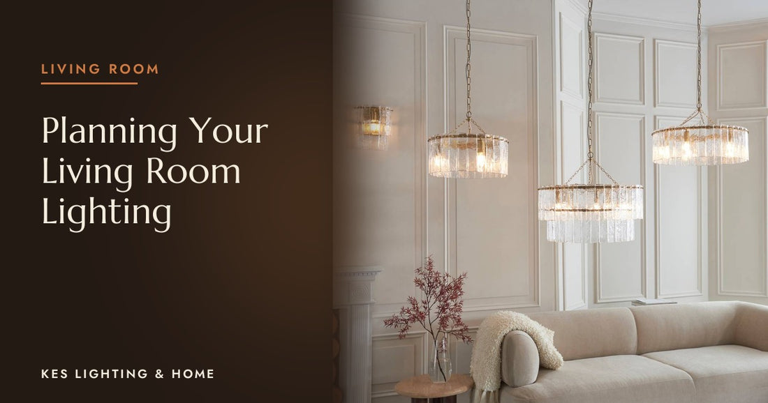 Three pendants with textured, tiered shades above a cream sofa