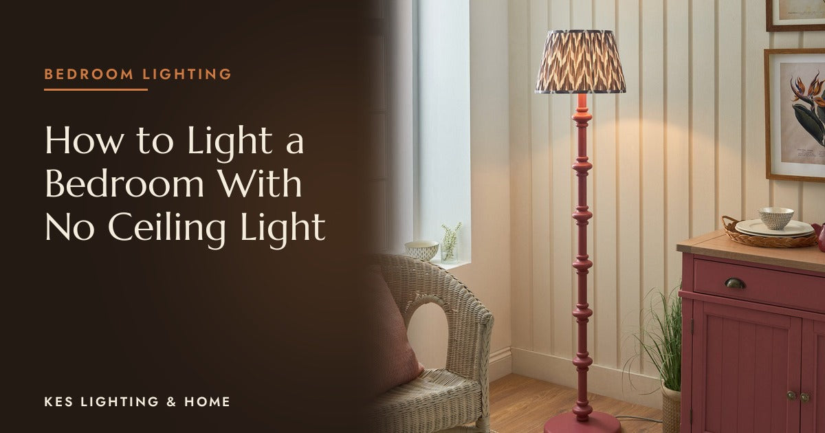 Red floor lamp with a shaped stem and patterned shade beside a red cabinet