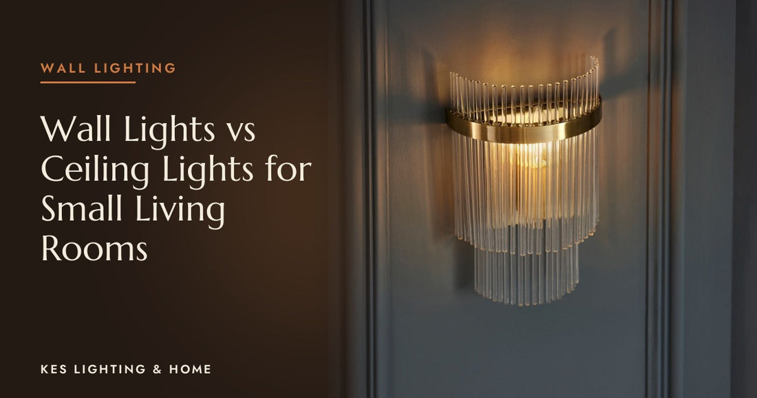 Endon Marietta wall light in antique brass with clear glass rods, lit on a dark panelled wall