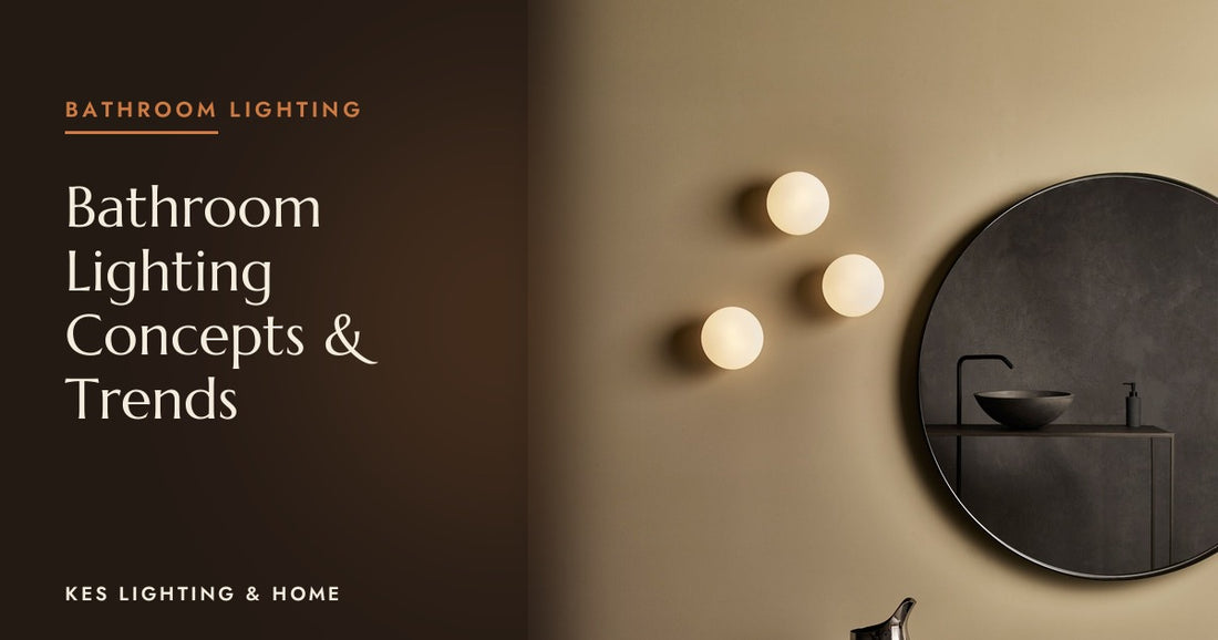 Three white globe wall lights beside a round mirror with a dark frame