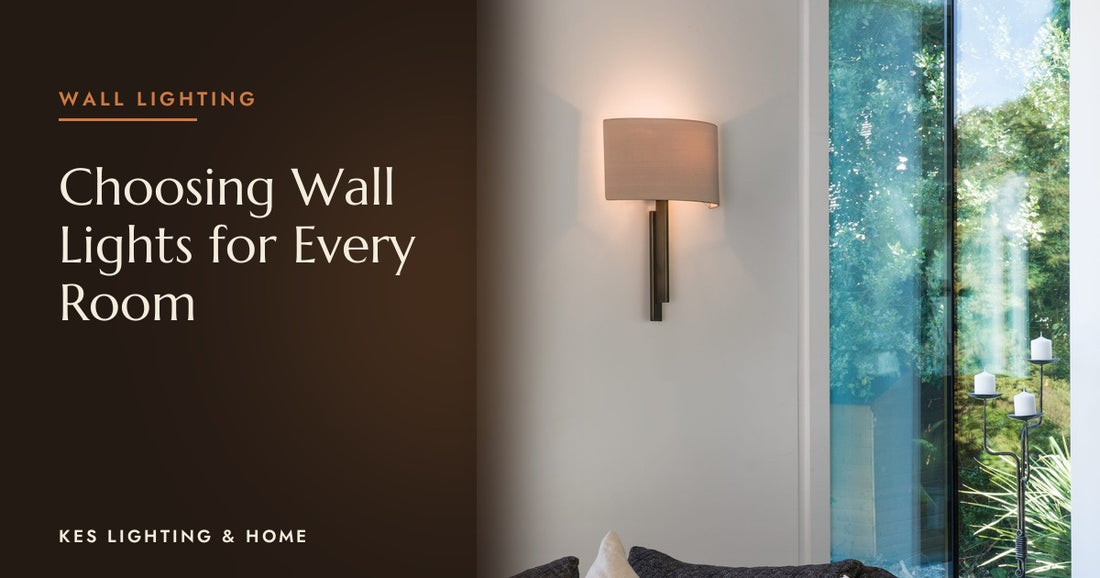 Wall light with a curved shade beside a tall window