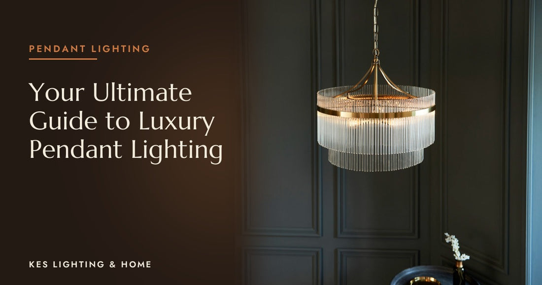 Two-tier clear rod pendant with a gold-tone band against dark panelling