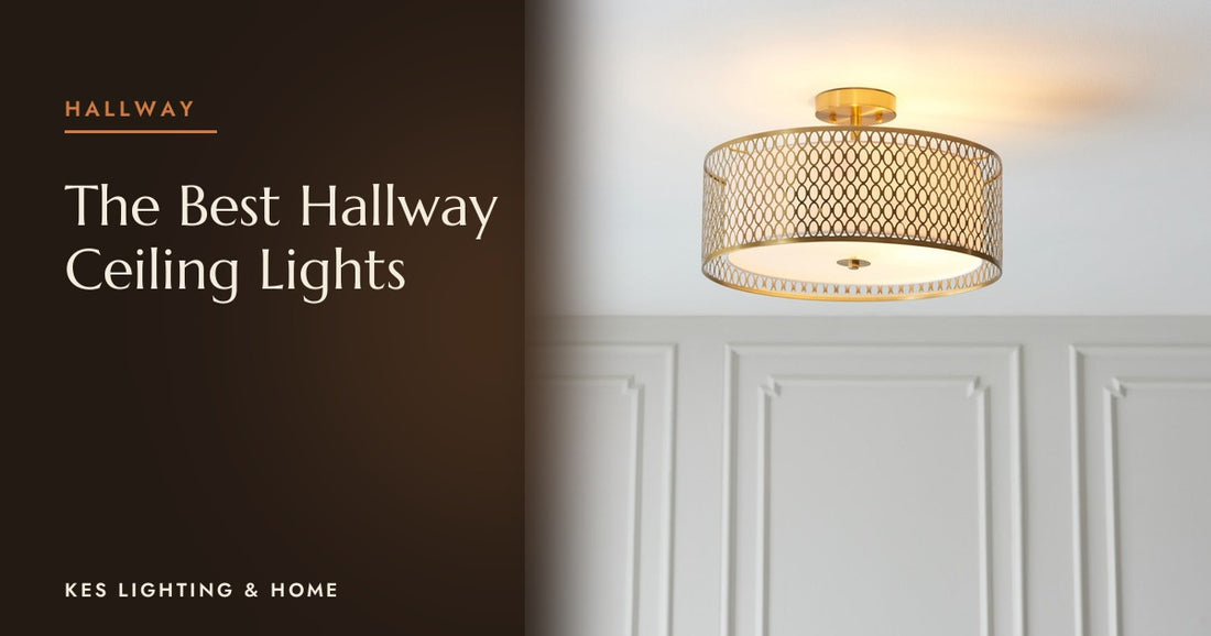 Gold-tone lattice drum semi-flush ceiling light above white panelling