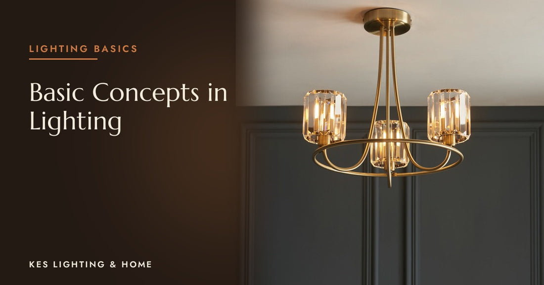 Gold-tone three-arm semi-flush ceiling light with faceted shades against dark panelling