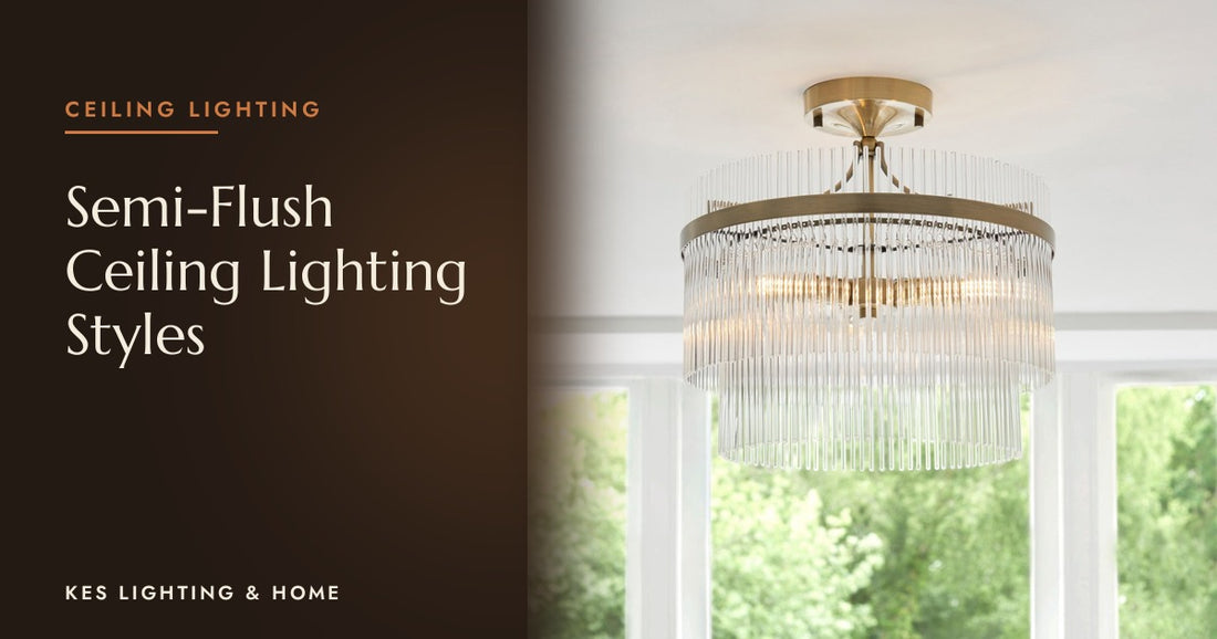 Gold-tone semi-flush ceiling light with clear rods in front of a window