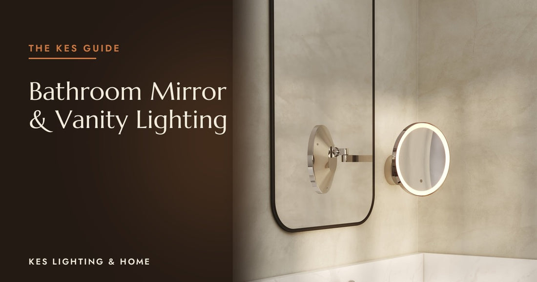 Illuminated round mirror beside a large wall mirror