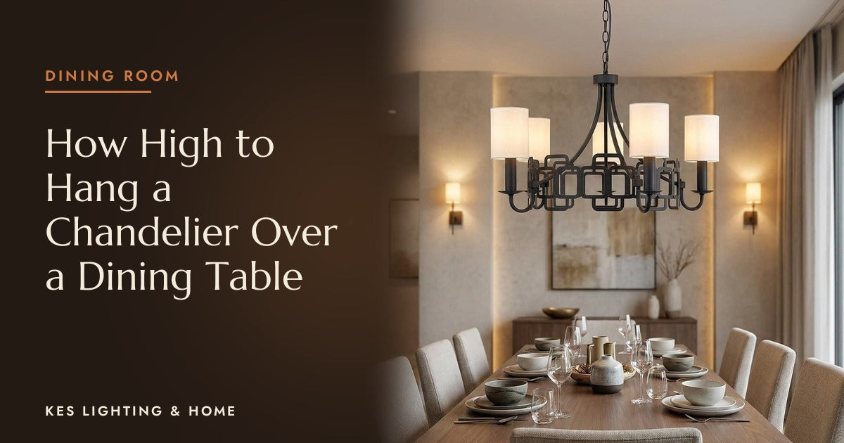 Black six-arm chandelier with white shades above a laid dining table