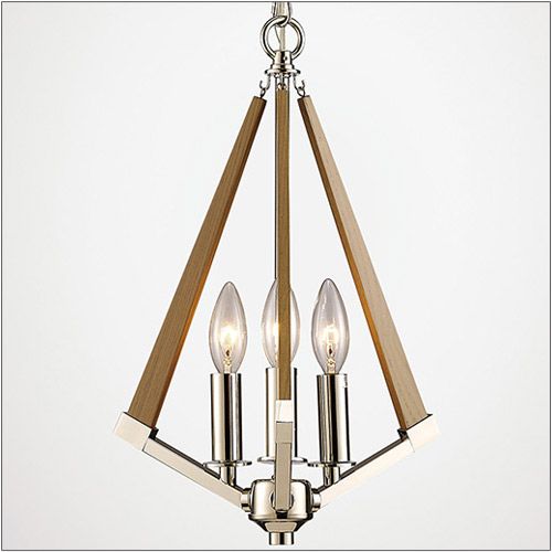 Diyas Hilton 3 Light Tetragonal Pendant Light in Polished Nickel with Taupe Wood