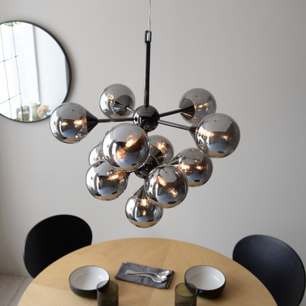Endon Oscar 11 Light Pendant Light in Black Chrome with Smoked Mirror Glass