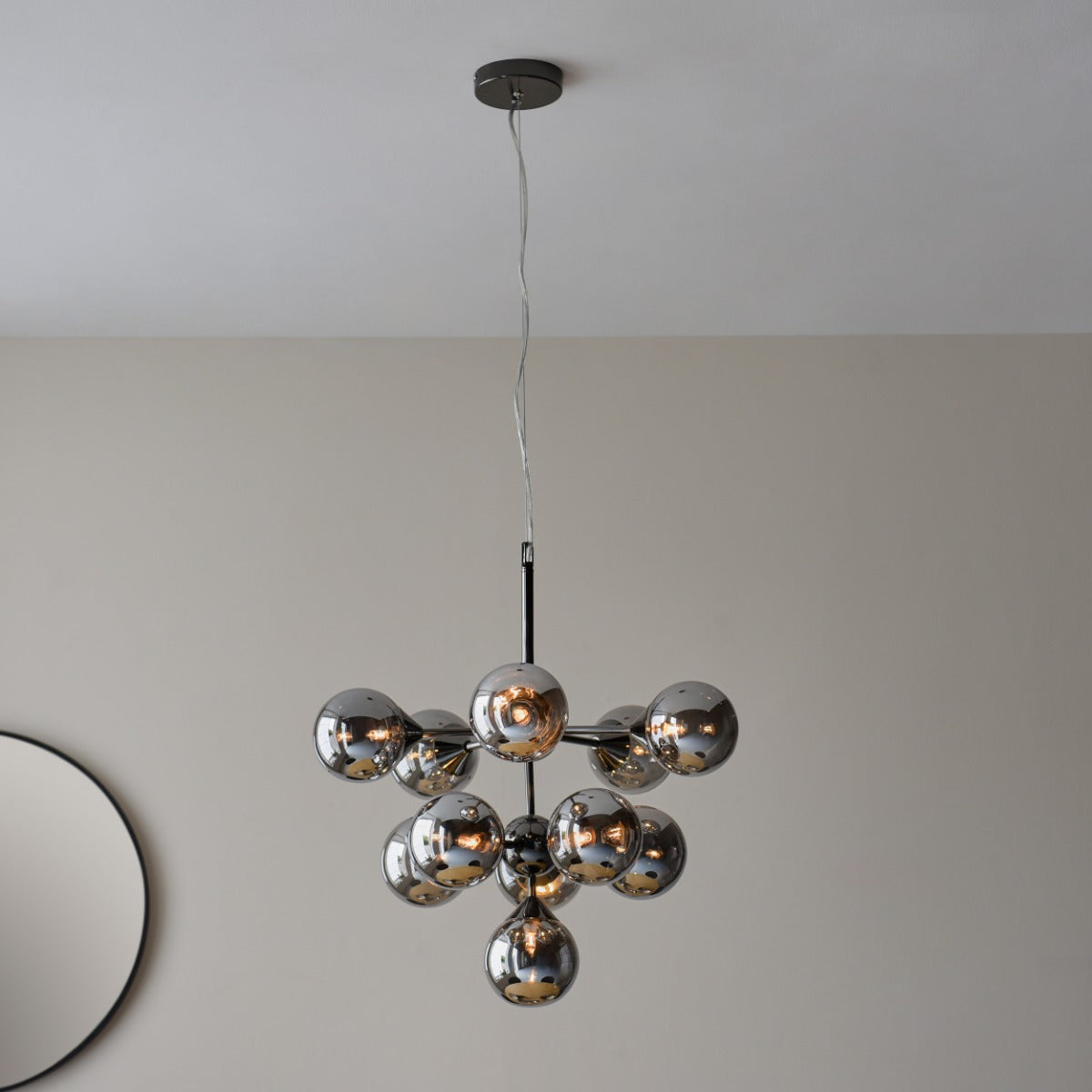 Endon Oscar 11 Light Pendant Light in Black Chrome with Smoked Mirror Glass