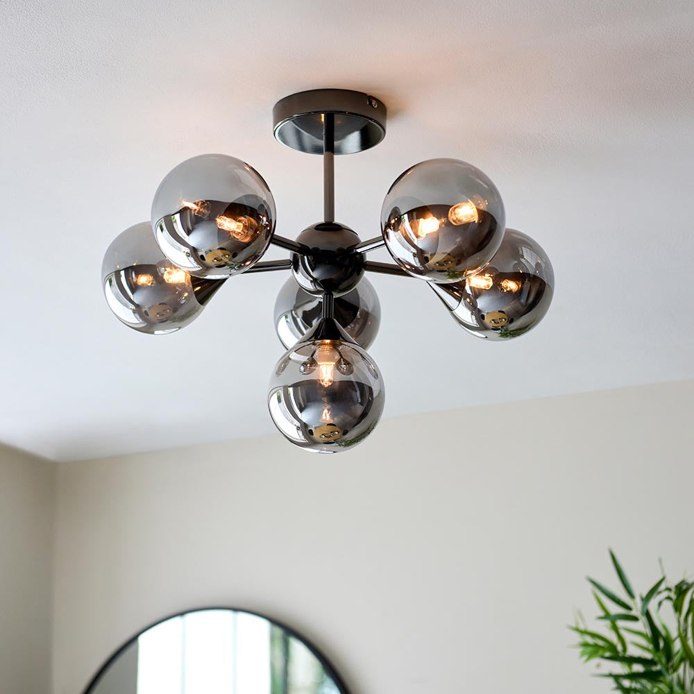 Endon Oscar 6 Light Semi Flush Ceiling Light in Black Chrome with Smoked Mirror Glass