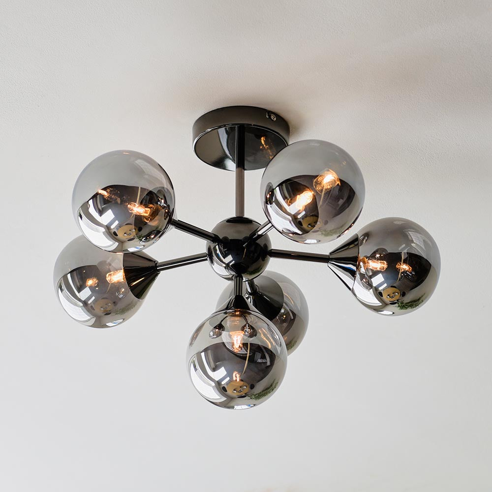 Endon Oscar 6 Light Semi Flush Ceiling Light in Black Chrome with Smoked Mirror Glass