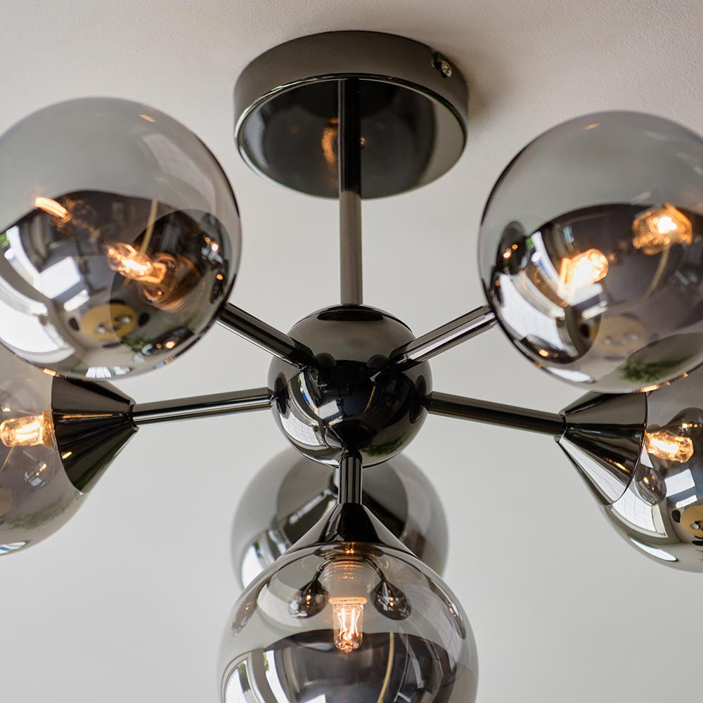 Endon Oscar 6 Light Semi Flush Ceiling Light in Black Chrome with Smoked Mirror Glass