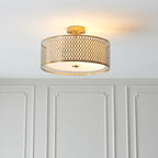 Endon Cordero 3 Light Flush Ceiling Light in Gold Effect with White Fabric and Frosted Glass