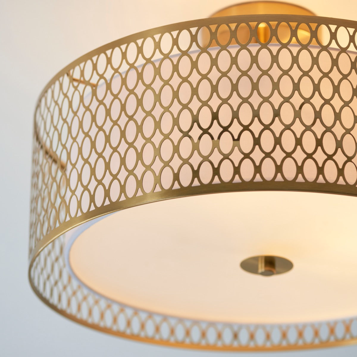 Endon Cordero 3 Light Flush Ceiling Light in Gold Effect with White Fabric and Frosted Glass