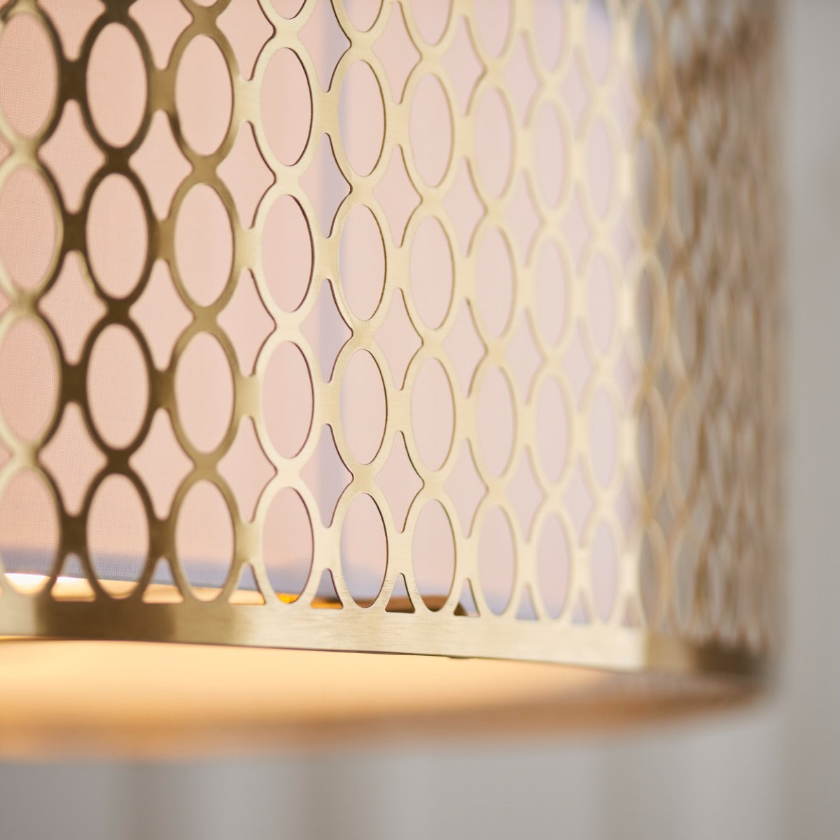Endon Cordero 3 Light Flush Ceiling Light in Gold Effect with White Fabric and Frosted Glass