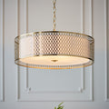 Endon Cordero 3 Light Pendant Light in Gold Effect with White Fabric and Frosted Glass