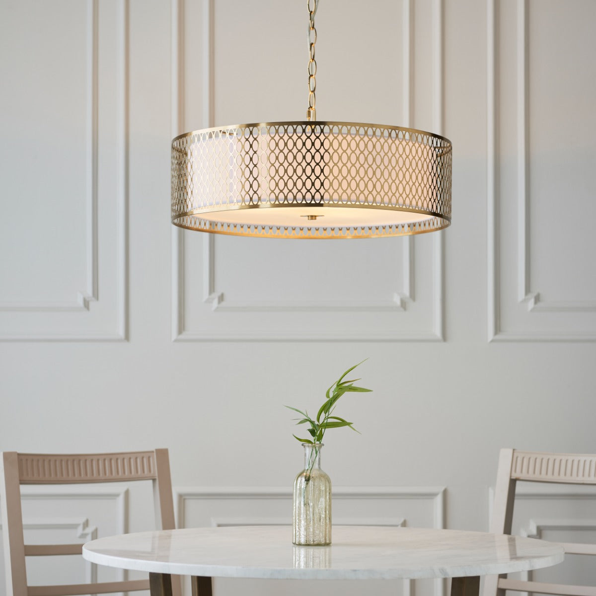 Endon Cordero 3 Light Pendant Light in Gold Effect with White Fabric and Frosted Glass