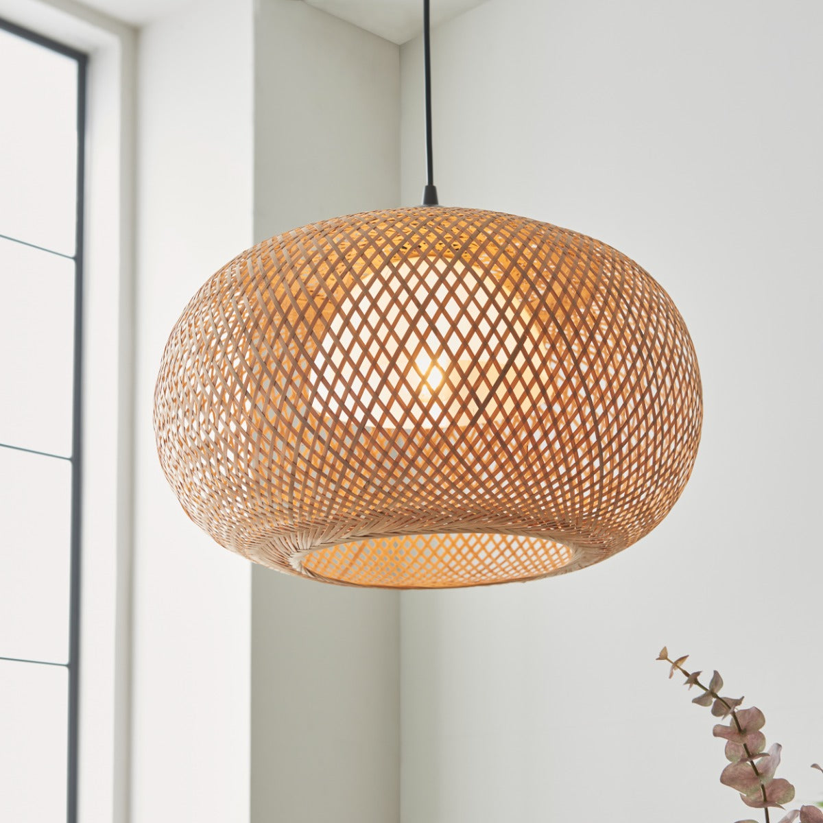 Endon Bali 1 Light Pendant Light in Natural Bamboo with White PC and Matt Black