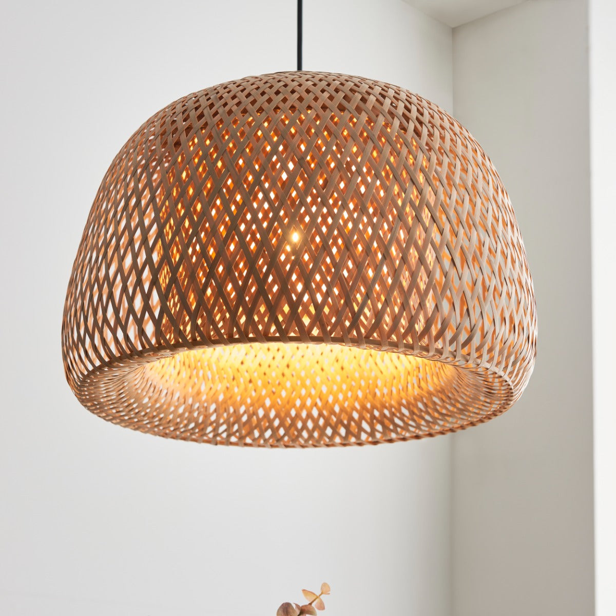 Endon Bali 1 Light Pendant Light in Natural Bamboo with White and Matt Black Finish