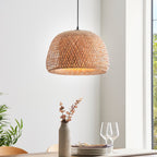 Endon Bali 1 Light Pendant Light in Natural Bamboo with White and Matt Black Finish