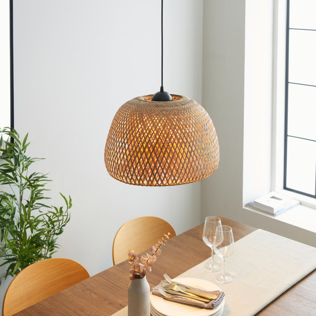 Endon Bali 1 Light Pendant Light in Natural Bamboo with White and Matt Black Finish