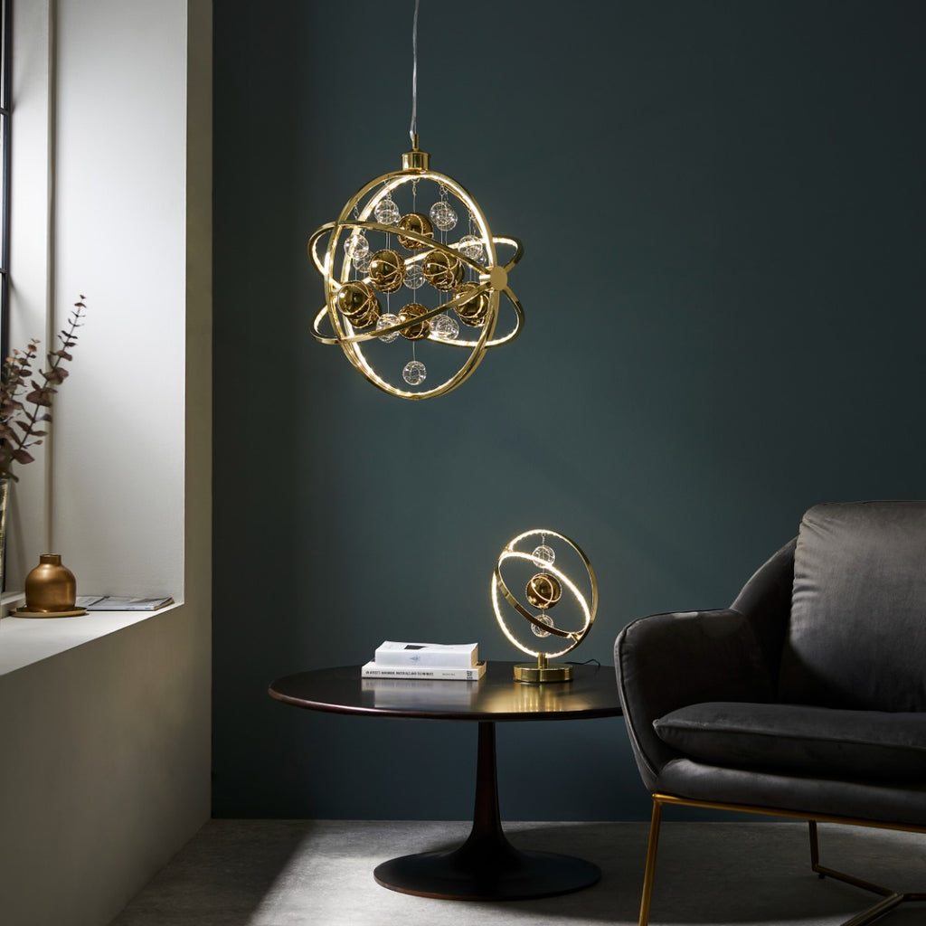 Endon Muni 1 Light Pendant Light in Gold Effect with Clear and Gold Glass