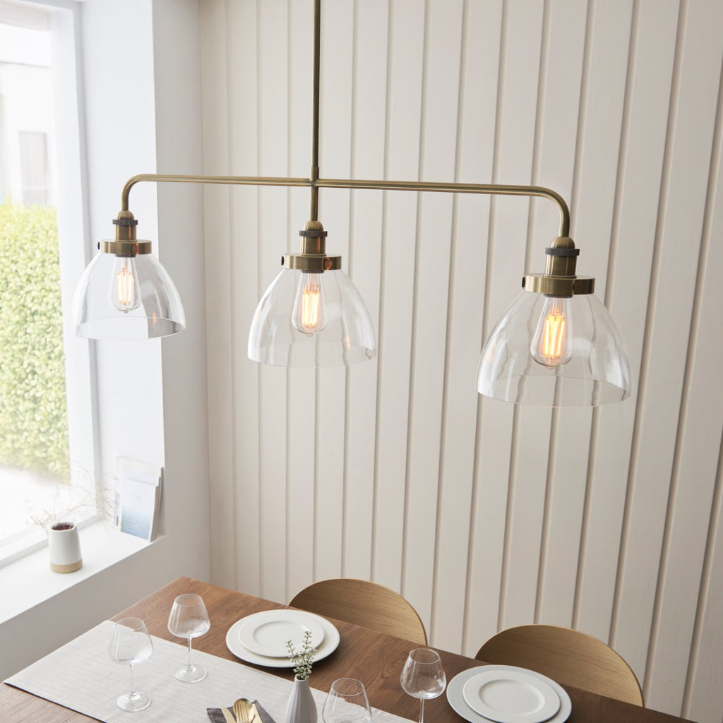 Endon Hansen 3 Light Linear Pendant in Antique Brass with Clear Glass Shades