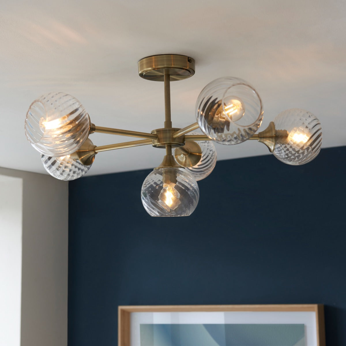 Endon Allegra 6 Light Semi Flush Ceiling Light in Antique Brass with Clear Spiral Glass