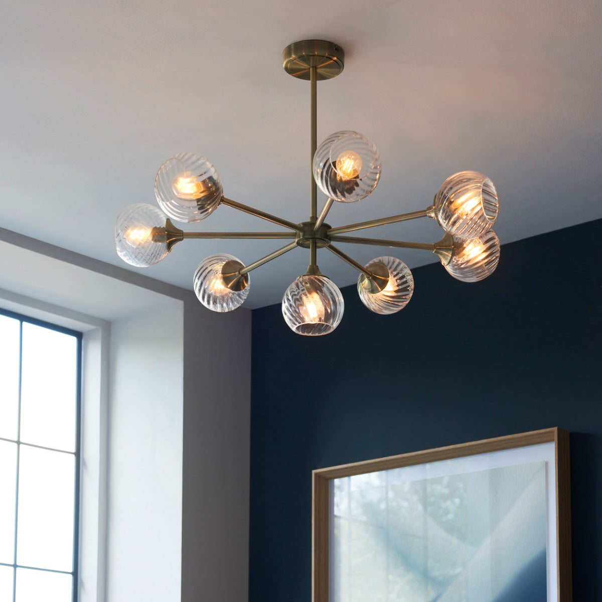 Endon Allegra 8 Light Pendant Light in Antique Brass with Clear Spiral Glass