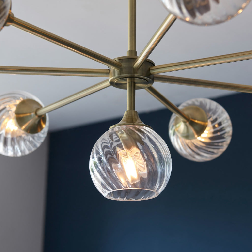 Endon Allegra 8 Light Pendant Light in Antique Brass with Clear Spiral Glass