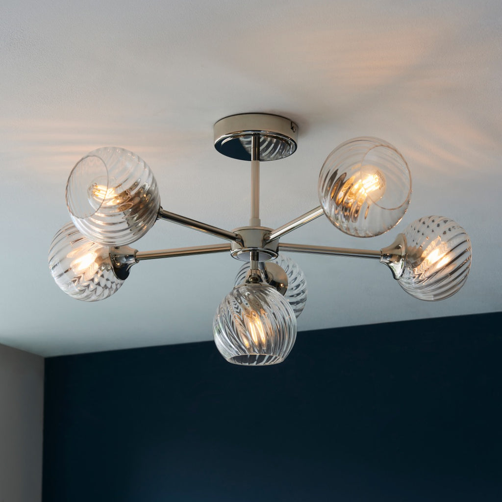Endon Allegra 6 Light Semi Flush Ceiling Light in Bright Nickel with Clear Spiral Glass