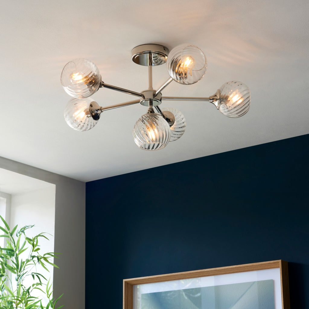 Endon Allegra 6 Light Semi Flush Ceiling Light in Bright Nickel with Clear Spiral Glass