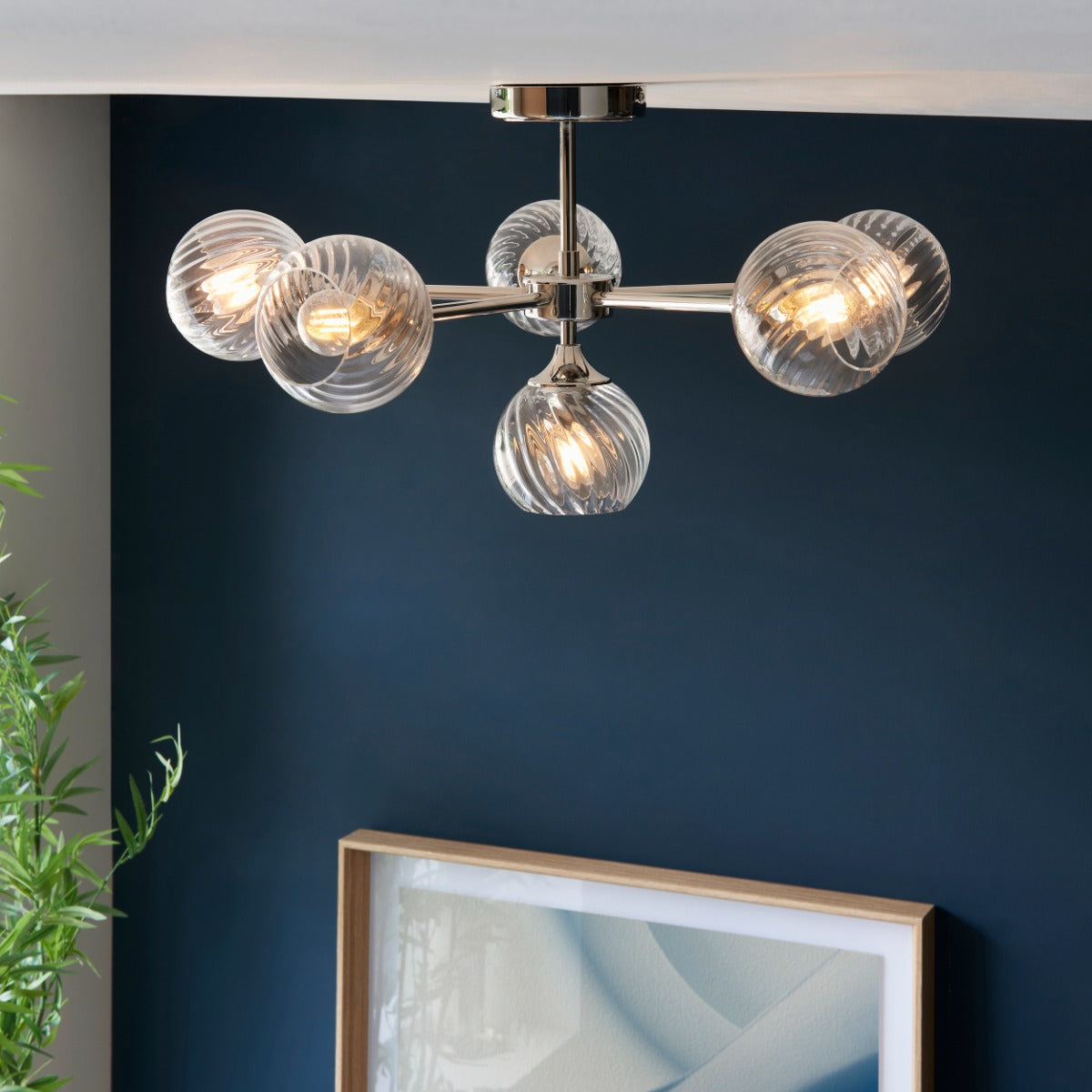 Endon Allegra 6 Light Semi Flush Ceiling Light in Bright Nickel with Clear Spiral Glass