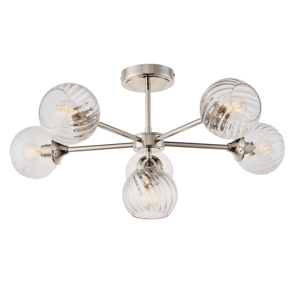 Endon Allegra 6 Light Semi Flush Ceiling Light in Bright Nickel with Clear Spiral Glass