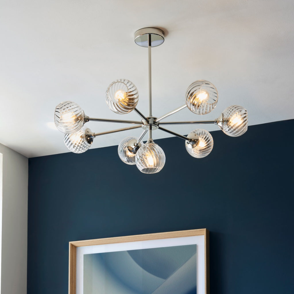 Endon Allegra 8 Light Pendant Light in Bright Nickel with Clear Spiral Glass