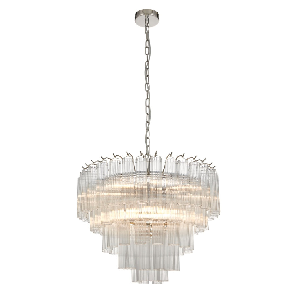 Endon Toulouse 12 Light Pendant Light in Bright Nickel with Clear Ribbed Glass