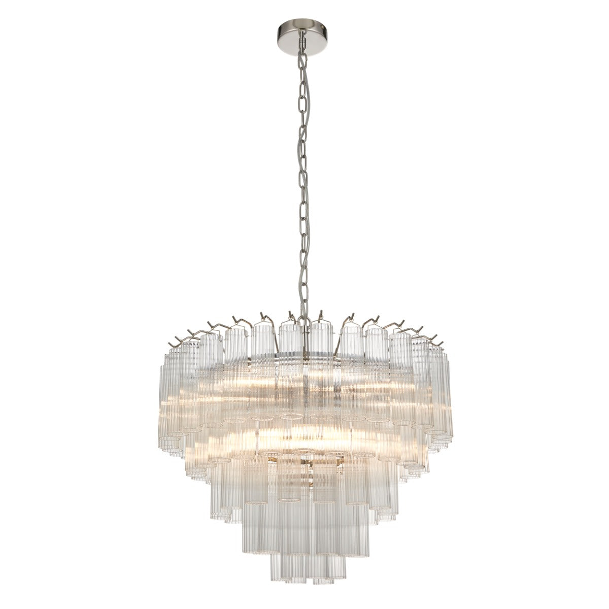 Endon Toulouse 12 Light Pendant Light in Bright Nickel with Clear Ribbed Glass