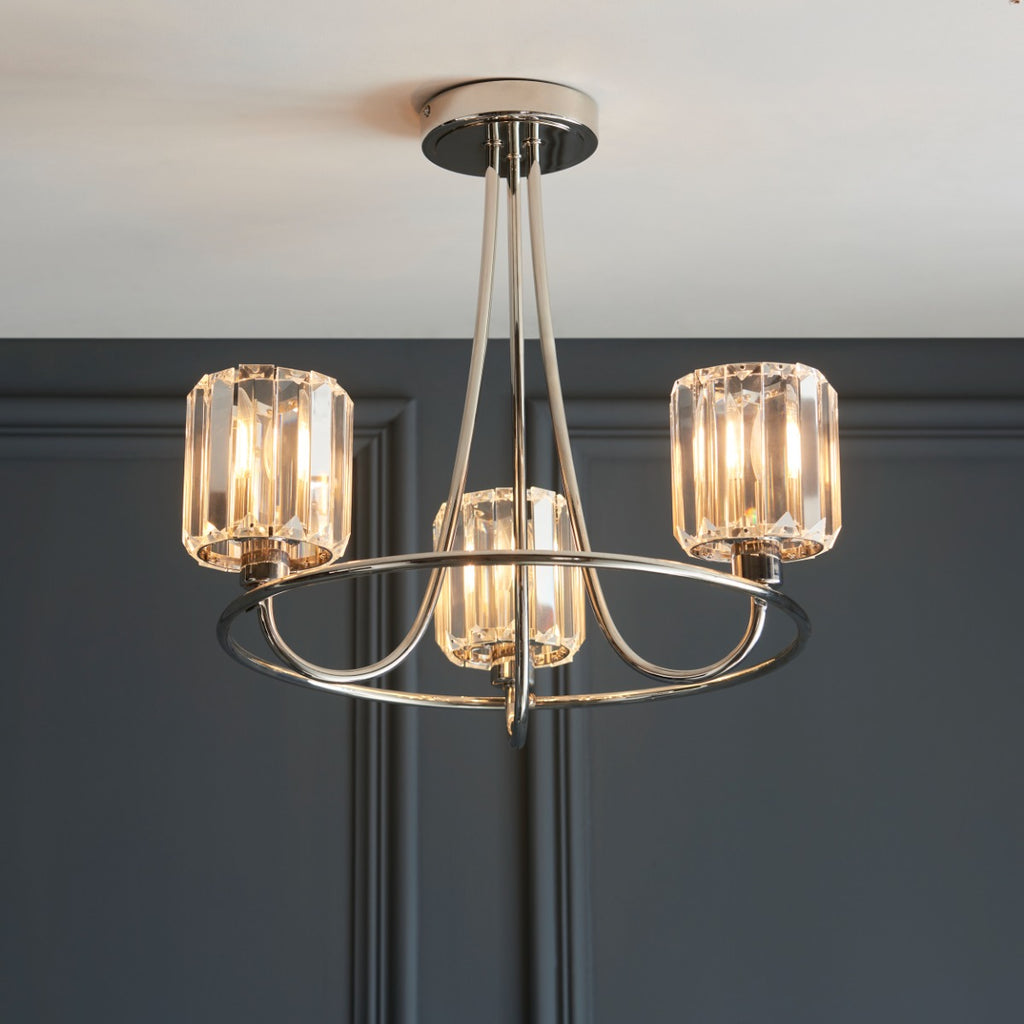 Endon Berenice 3 Light Semi Flush Ceiling Light in Bright Nickel with Clear Glass