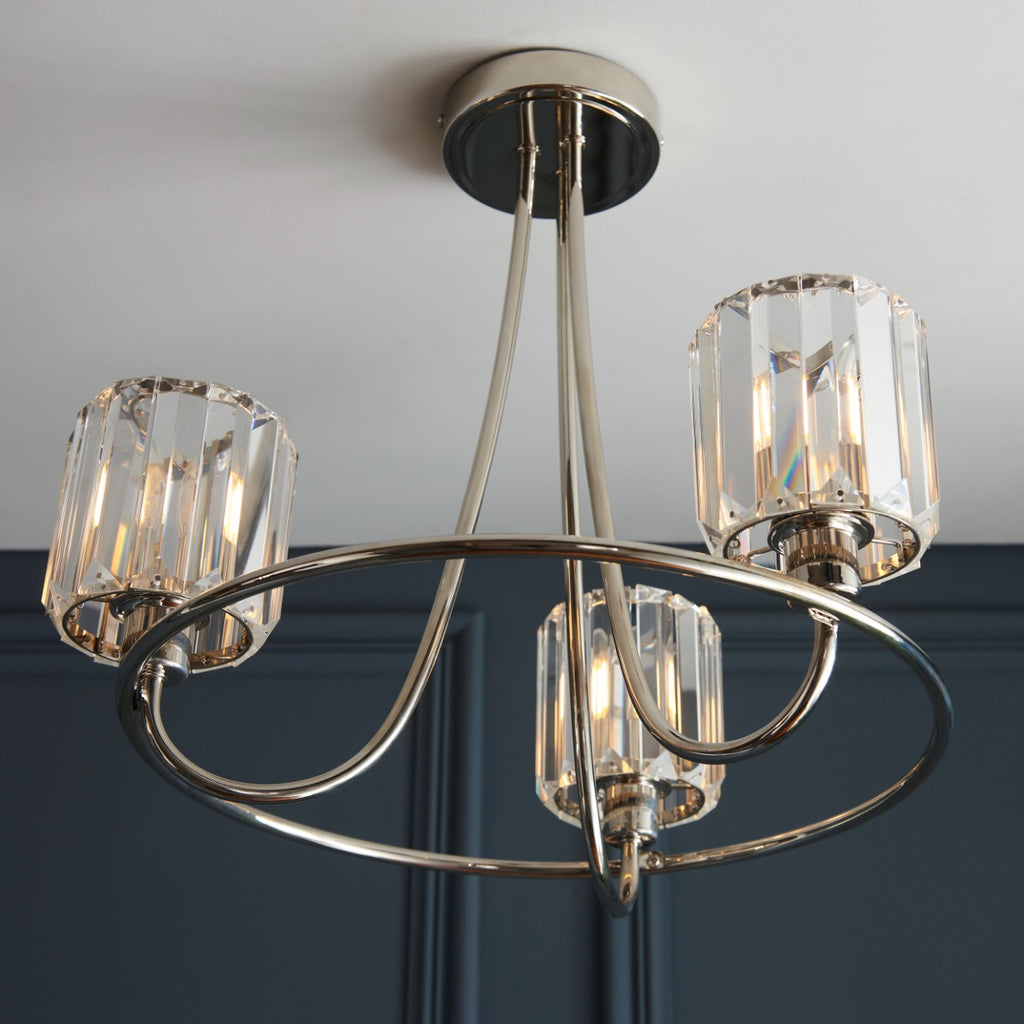 Endon Berenice 3 Light Semi Flush Ceiling Light in Bright Nickel with Clear Glass