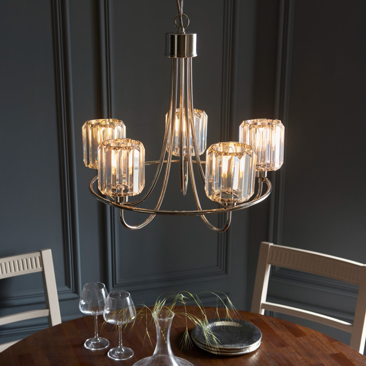 Endon Berenice 5 Light Pendant Light in Bright Nickel with Clear Glass
